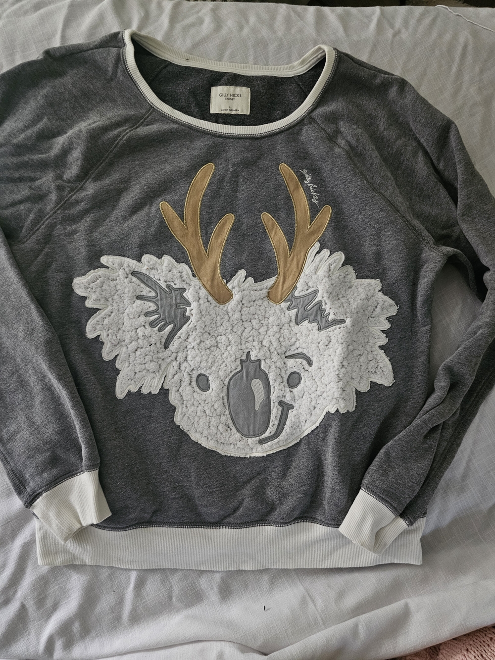 Gilly Hicks Gray Crewneck Koala Sweatshirt with Tan Antlers